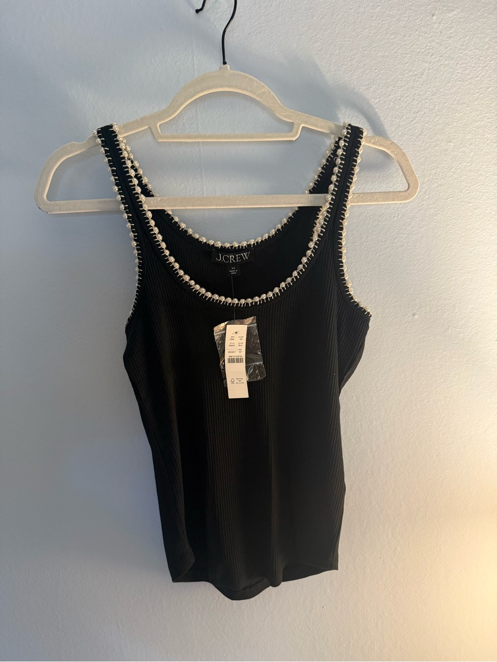J. Crew Black Ribbed Tank with Pearl-Trim Straps